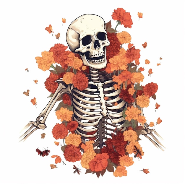 Foto skeleton with flowers and butterflies around it generative ai