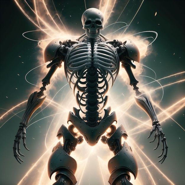 A skeleton with a glowing light in the middle of it