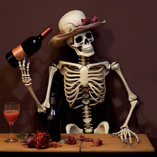 skeleton with a hat and a bottle of wine generative ai