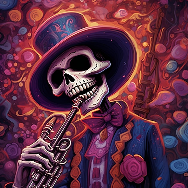 a skeleton with a hat playing a trumpet with a skull in the background.