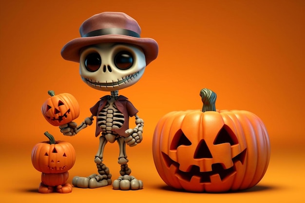 a skeleton with a hat and a pumpkin on it