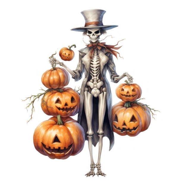 a skeleton with a hat and a pumpkin that says halloween on it.