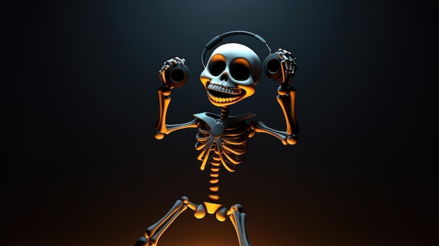 skeleton with headphones on dark background Halloween concept Generative AI