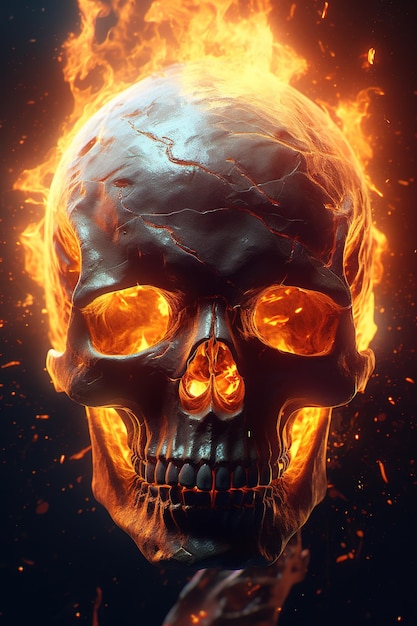 a skeleton with illuminating eyes and a fire in the background