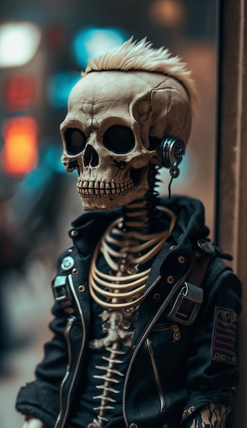 「skull」と書かれたジャケットを着た骸骨