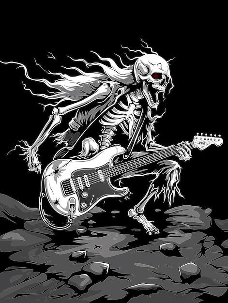 a skeleton with long hair and a guitar in the middle of the picture
