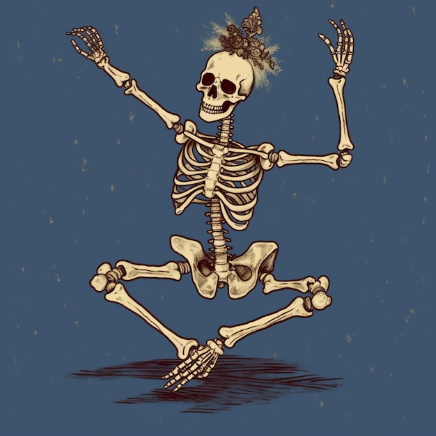 Skeleton with mohawk on head jumping in the air generative ai