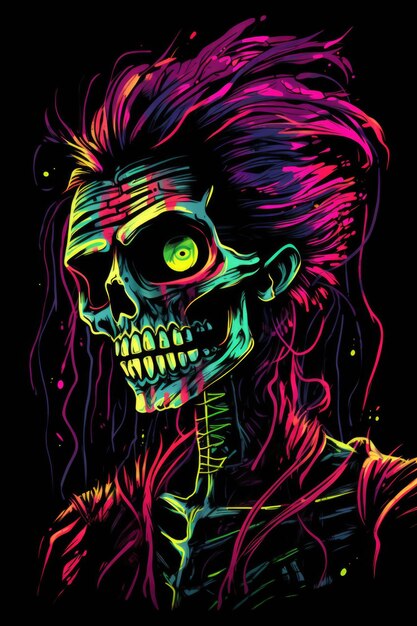 A skeleton with a mohawk and neon hair