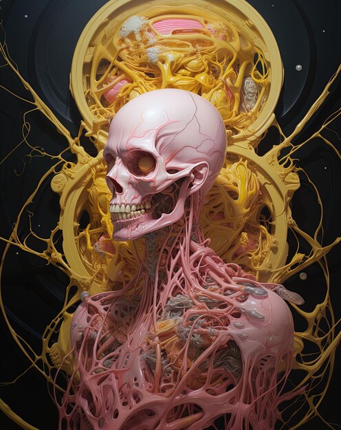 Photo a skeleton with a pink body and a yellow circle of yellow paint