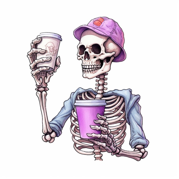 Foto scheletro con un cappello viola che tiene una tazza di caffè e una bevanda ai generativa