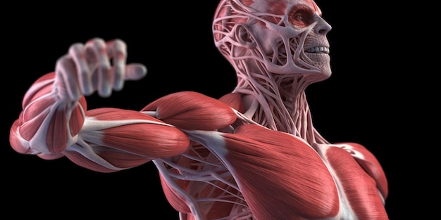 Photo a skeleton with a red body and the muscles labeled with the muscles.