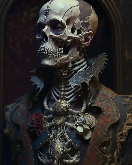 A skeleton with a red crown and a gold crown.