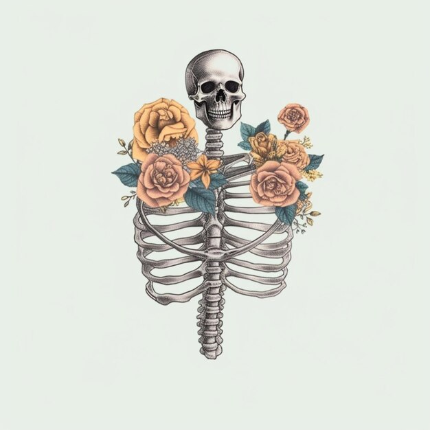 Photo skeleton with roses and leaves on its back generative ai