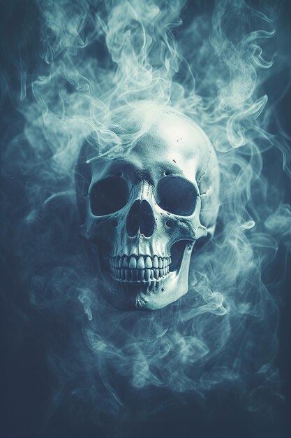 a skeleton with smoke emanating from its mouth