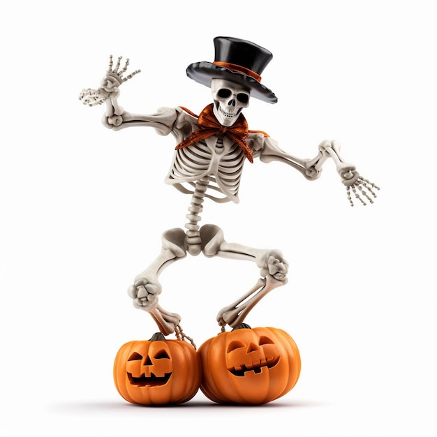 a skeleton with a top hat and a pumpkin with a pumpkin on it.