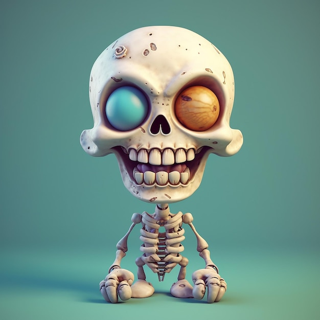 A skeleton with two eyes and one eye is sitting on a blue background.