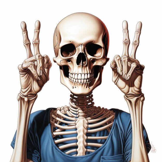 Фото Скелет с двумя пальцами вверх и синей рубашкой на генеративной ай