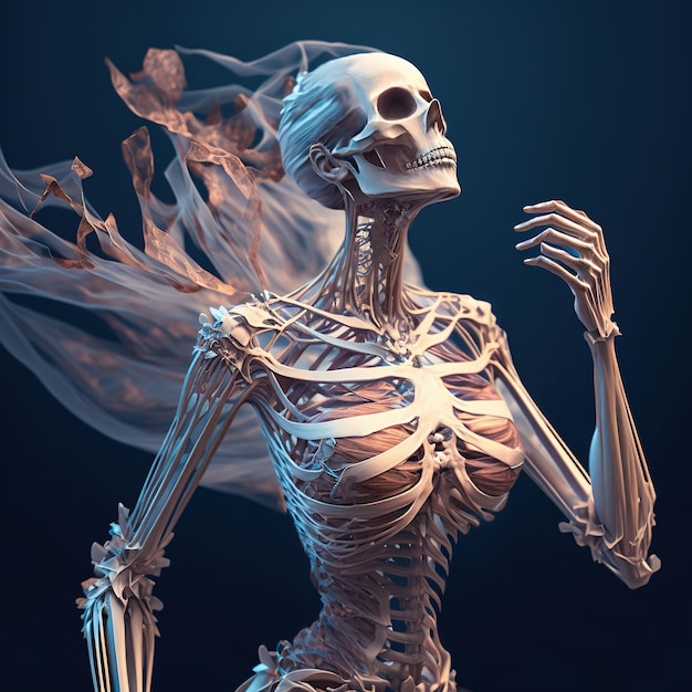 A skeleton with a white veil on her head and a blue background.