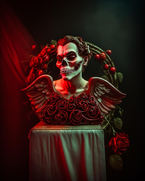 A skeleton with wings stands on a pedestal with a red background and a red background