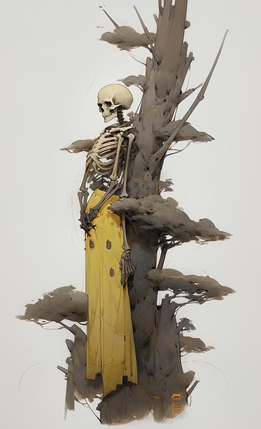 Photo a skeleton with a yellow cape and a yellow dress sits on a piece of wood