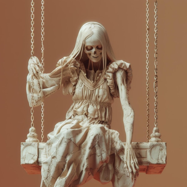 a skeleton of a woman with long hair sits on a swing