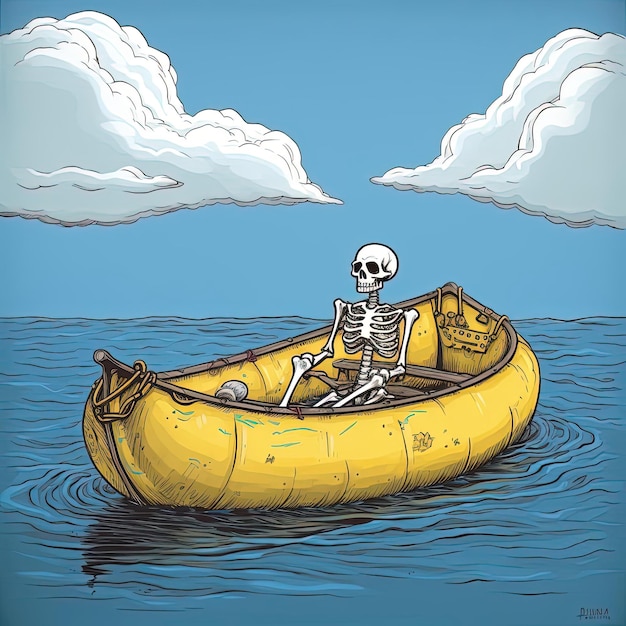 Photo skeleton on a yellow boat float in the style of editorial cartooning