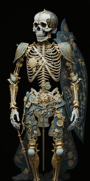 Skeletonized kintsugi bushido warrior full body shot.