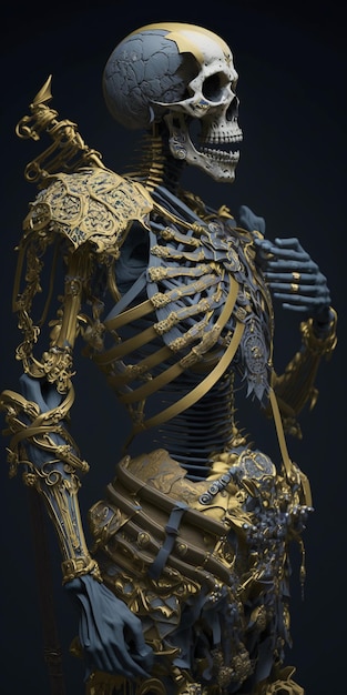 Skeletonized kintsugi bushido warrior full body shot.