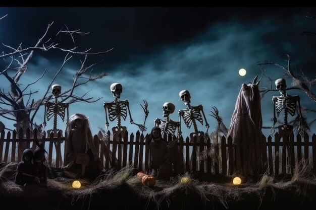 Photo skeletons in the cemetery dead on halloween night generative ai