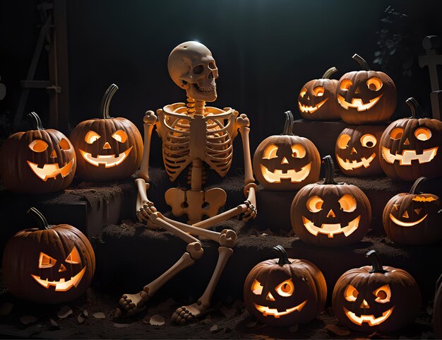 Photo skeletons in the cemetery with pumpkins halloween theme image