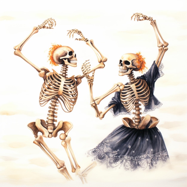 Foto scheletri che ballano in aria con le braccia in aria generativa ai
