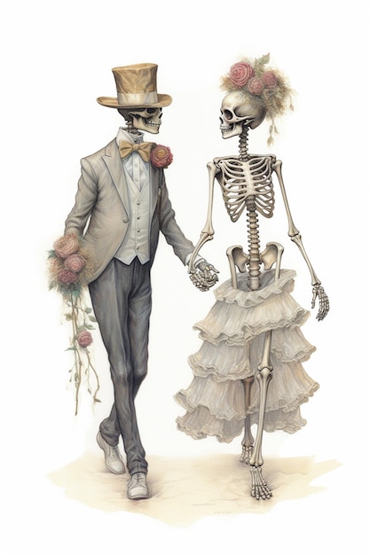 Foto scheletri vestiti con abiti da sposa che camminano l'uno accanto all'altro