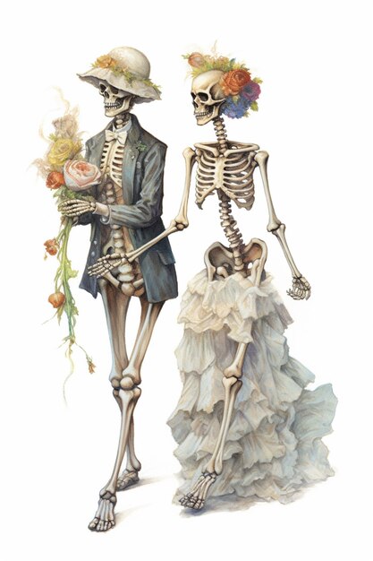 Foto scheletri vestiti con abiti da sposa che camminano con fiori in mano ai generativi