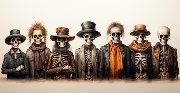 Скелеты в костюмах на Хэллоуин Изображение, созданное AI