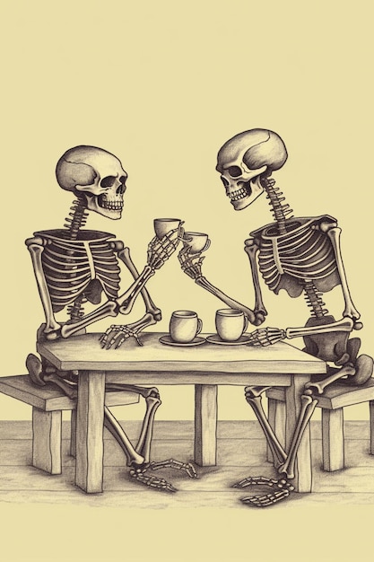 Skeletons sitting at a table with a cup of tea generative ai