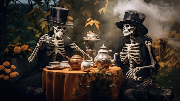 skeletons sitting at a table with a table with teapots on it.