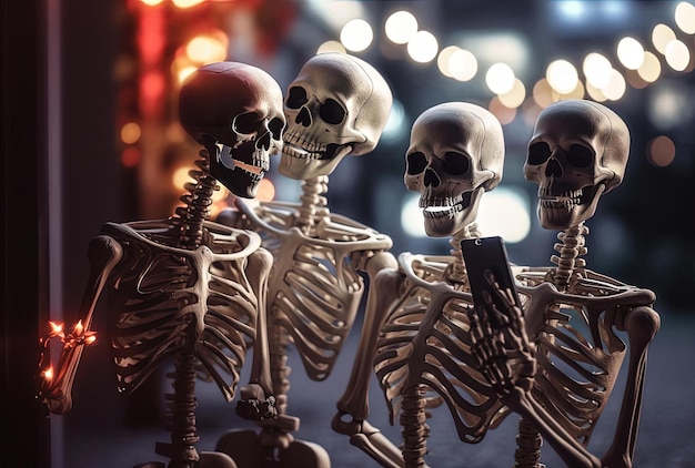 Skeletons with a smartphone in their hands using social network