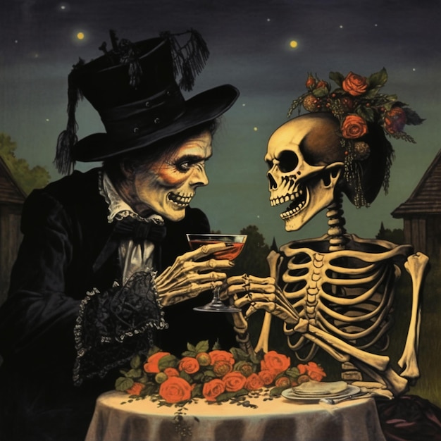 Skeletpaar drinkt wijn aan de eettafel met rozen in de hand generatieve ai