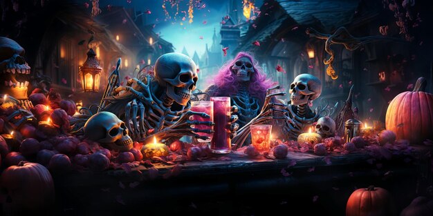 skeletten in stijlvolle feestelijke outfit zitten aan tafel en vieren Halloween