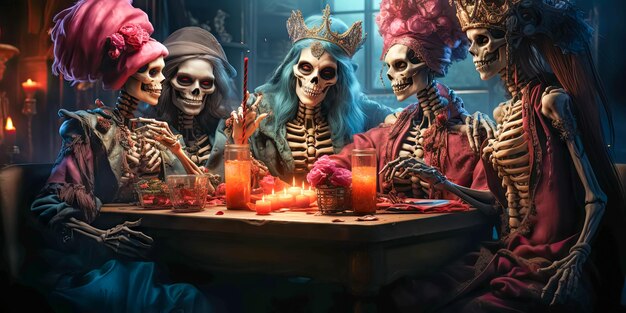 skeletten in stijlvolle feestelijke outfit zitten aan tafel en vieren Halloween