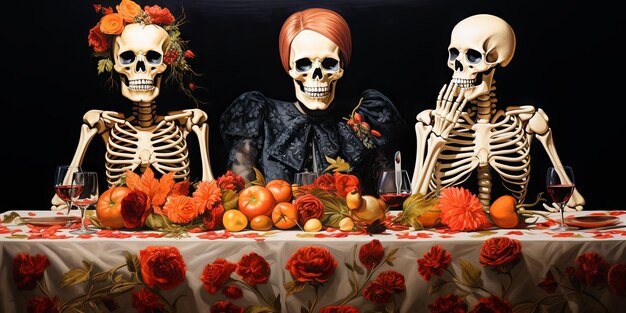 skeletten in stijlvolle feestelijke outfit zitten aan tafel en vieren Halloween