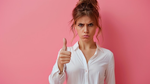 Photo skeptical approval whith woman on pink background