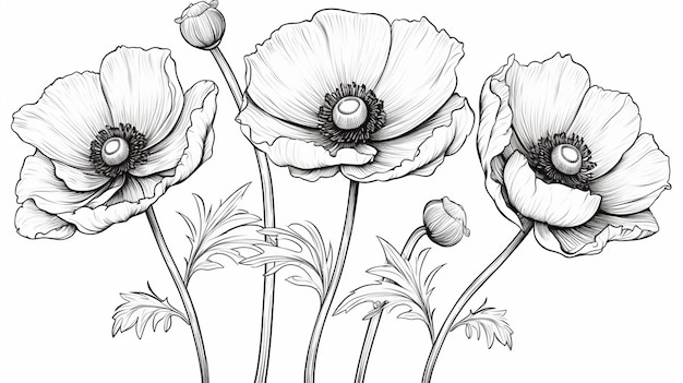 Sketch of anemone flowers Hand drawn illustration