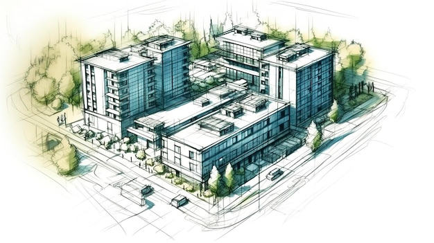 Sketch architecture blueprint building Eco friendly buildings with green trees on the street