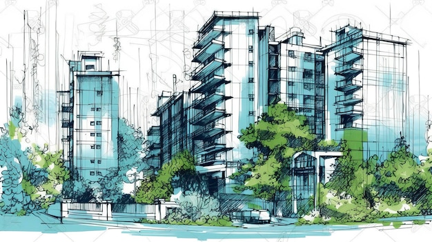 Sketch architecture blueprint buildingEco friendly buildings with green trees on the street safe eco