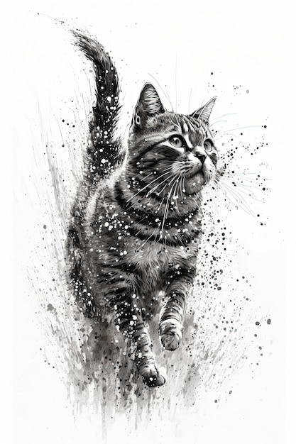 sketch art of a black tabby cat playing