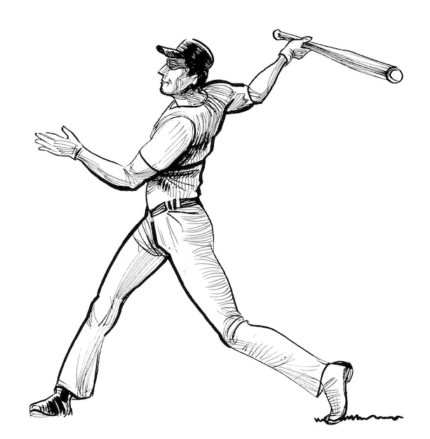 手にバットを持った野球選手のスケッチ。
