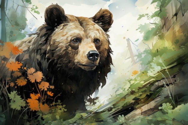 Sketch in a bear watercolor in the forest vector illustration generative IA