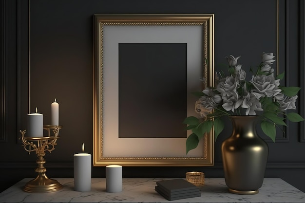 A sketch becomes a real dark interior of a room with candles flowers in a vase a blank vertical poster in a metal frame on a dark marble console near the wood panels Close up