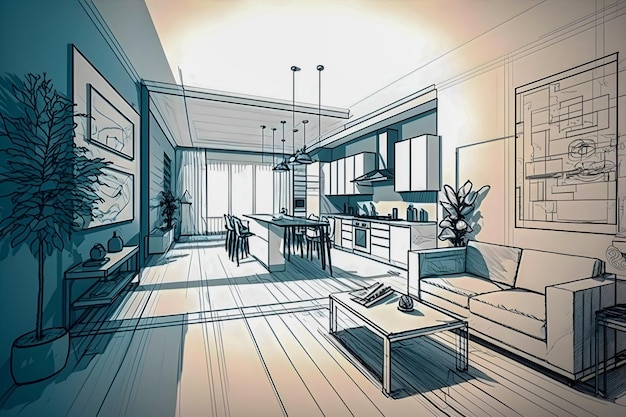 Sketch and Blueprint bright interior of a new apartment hand drawn illustration